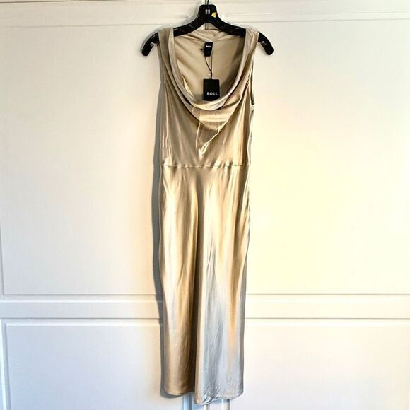NWT BOSS “Dawida” satin cowl neck midi dress in champagne gold Size 8 - Picture 7 of 16